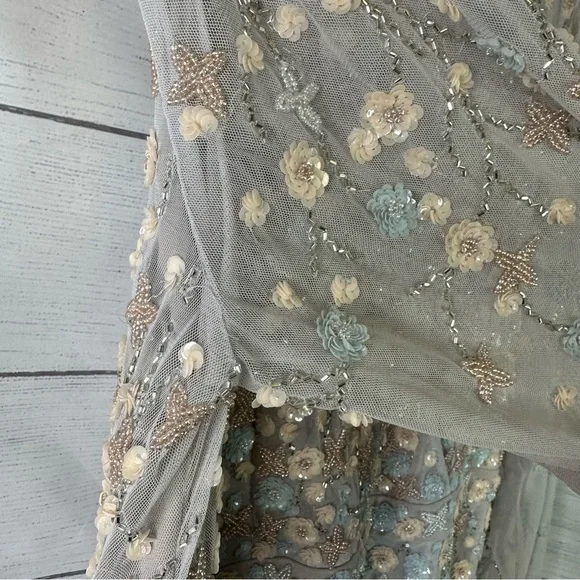 Mac Duggal size 16 Embellished Wrap Over Illusion Long Sleeve A Line Gown Gray - Picture 16 of 16